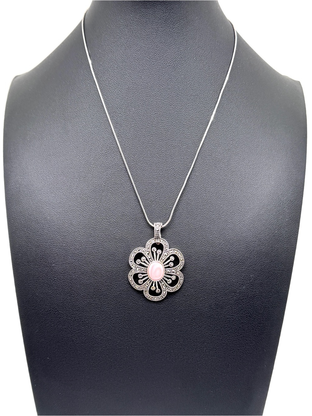 Sterling Silver Marcasite Filigree Floral Pendant Necklace with Pink MOP